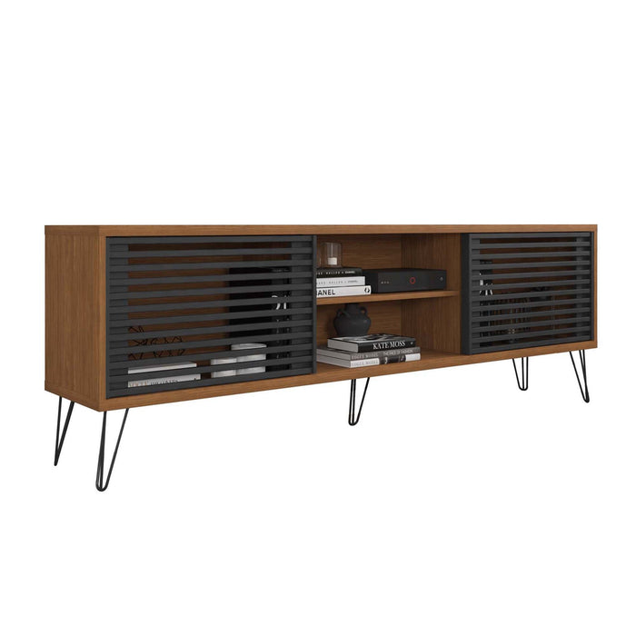 DunaWest Arthur Wooden TV Stand with 2 Slatted Sliding Doors, Walnut Brown and Black