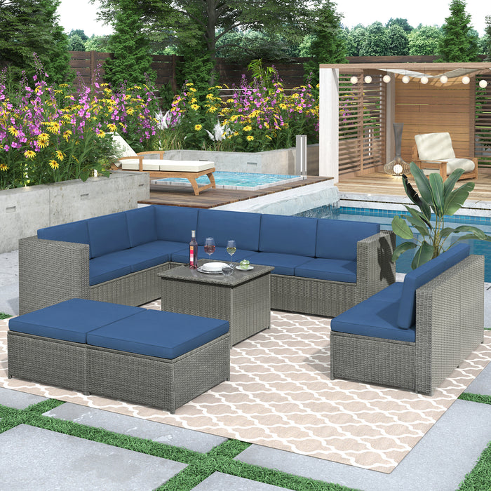 9 Piece Rattan Sectional Seating Group with Cushions and Ottoman, Patio Furniture Sets, Outdoor Wicker Sectional