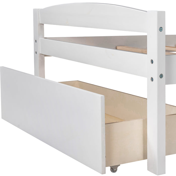 Twin Over Twin L-shaped Bunk Bed with Two Drawers, Pine Wood Bed Frame