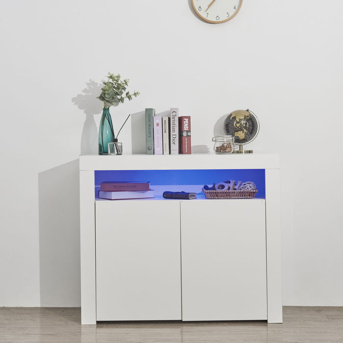 Living Room Sideboard Storage Cabinet White High Gloss with LED Light, Modern Kitchen Unit Cupboard Buffet Wooden Storage Display Cabinet TV Stand with 2 Doors for Hallway Dining Room