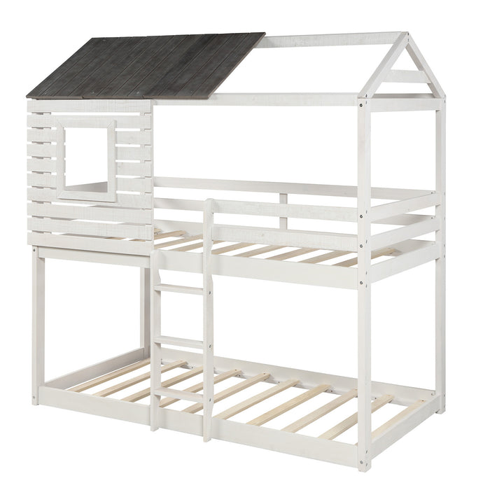 Twin Over Twin Bunk Bed Wood Loft Bed with Roof, Window, Guardrail, Ladder