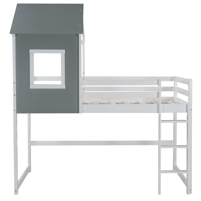 Twin Size Loft Bed with Roof, House Bed, Gray and White