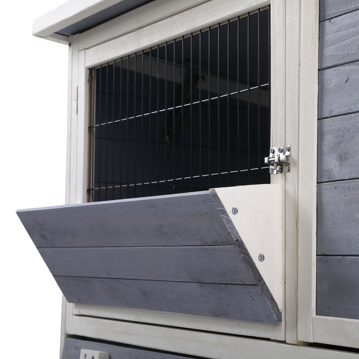 2-Tier Wooden Rabbit Hutch with Wheels, Indoor/Outdoor Pet House with Removable Tray - Gray and White