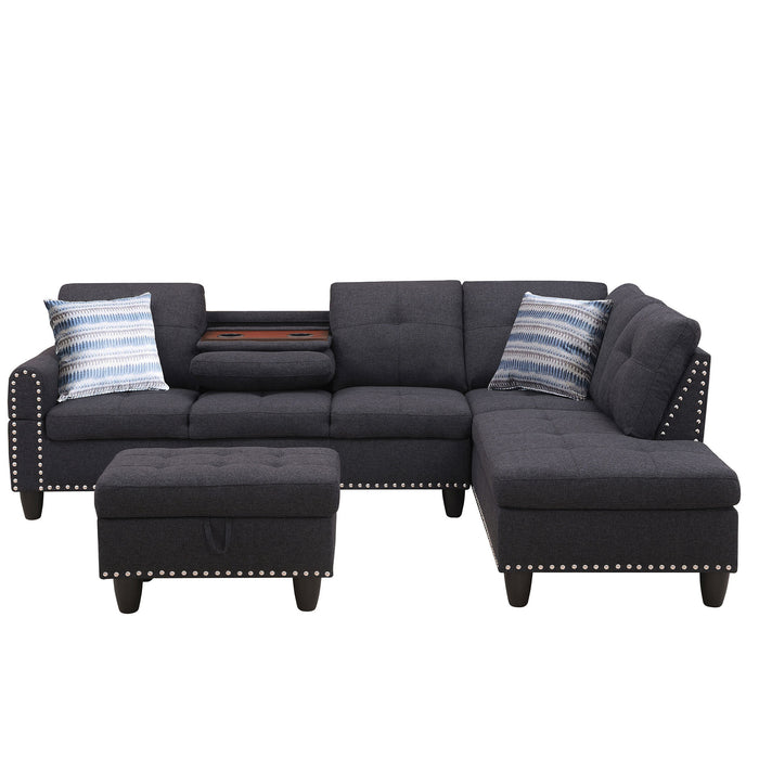 Modern Sectional Sofa Set with Chaise Lounge and Storage Ottoman 6 Seat Corner Sectional Black L Shaped Living Room Couch with Cupholder, Arm with nail, Right chaise