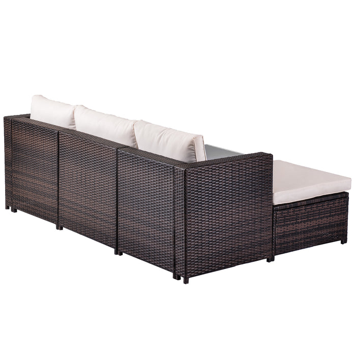 5 Pieces All-Weather Outdoor Sectional Rattan Sofa Wicker Patio Conversation Set with Glass Table and Thick Cushion