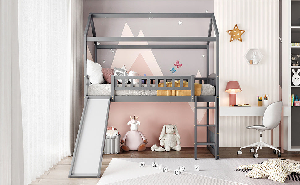 Twin Loft Bed with Slide, House Bed with Slide