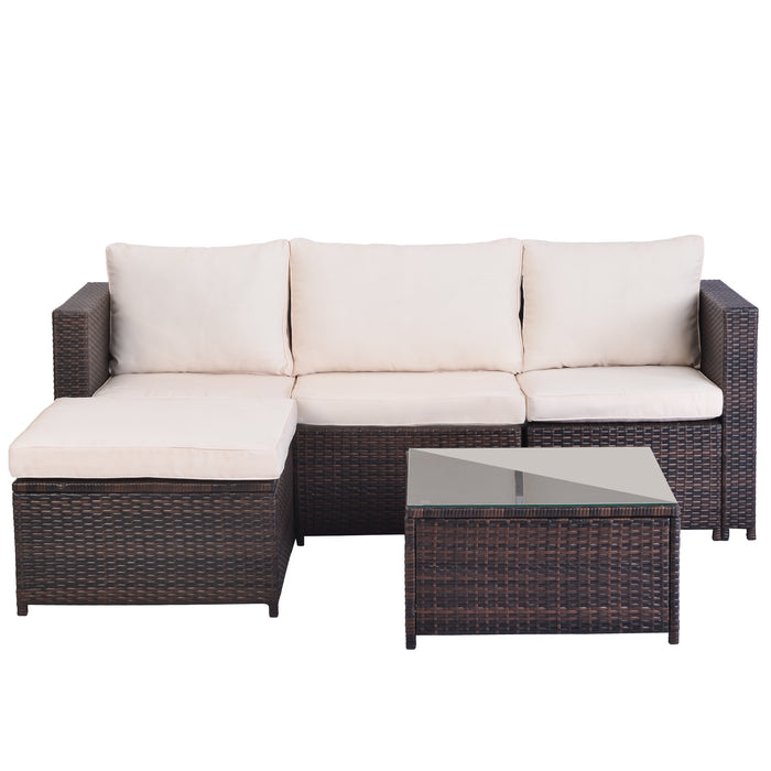 5 Pieces All-Weather Outdoor Sectional Rattan Sofa Wicker Patio Conversation Set with Glass Table and Thick Cushion