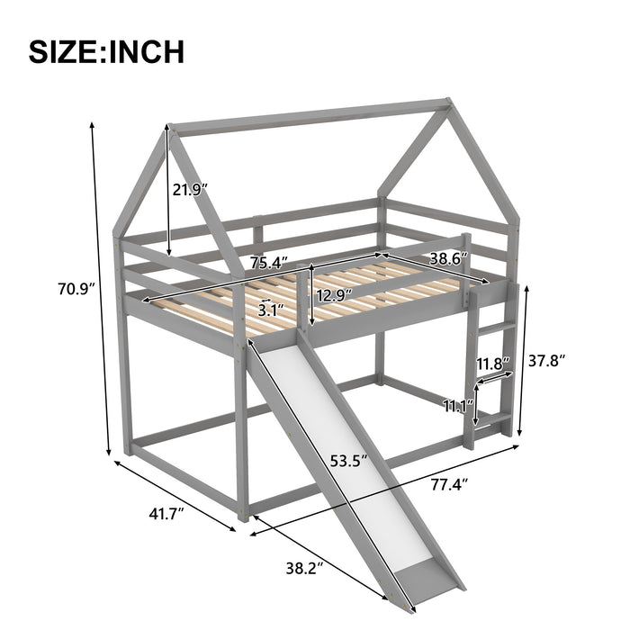 Twin over Twin Low Bunk Bed, House Bed with Ladder , White
