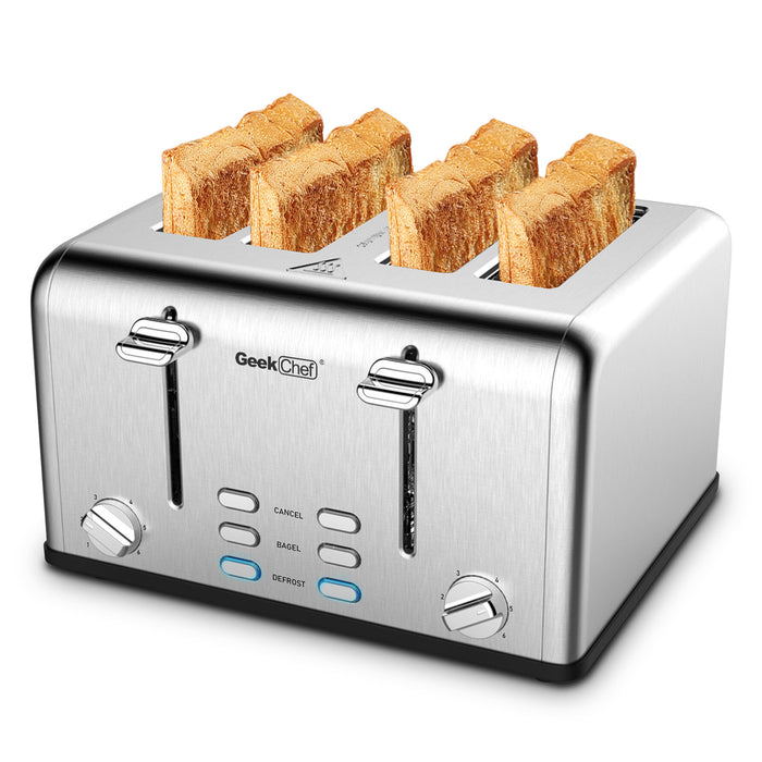 Toaster 4 Slice, Geek Chef Stainless Steel Extra-Wide Slot Toaster with Dual Control Function
