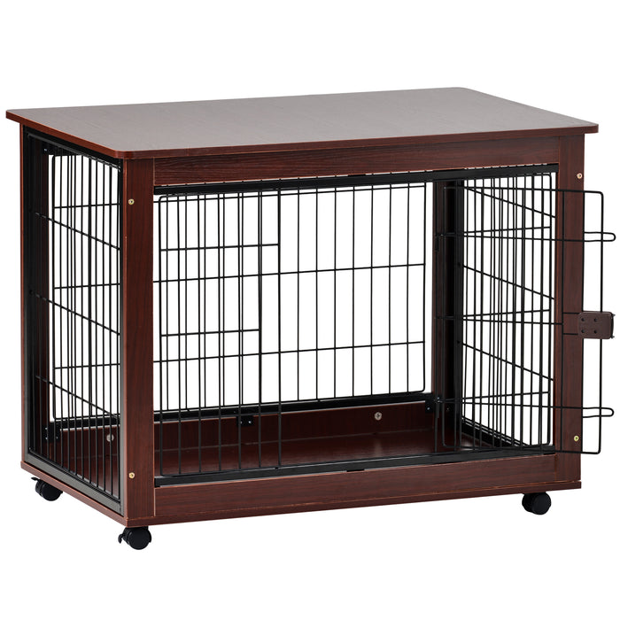 39' Length Furniture Style Pet Dog Crate Cage End Table with Wooden Structure and Iron Wire and Lockable Caters, Medium and Large Dog House Indoor Use.
