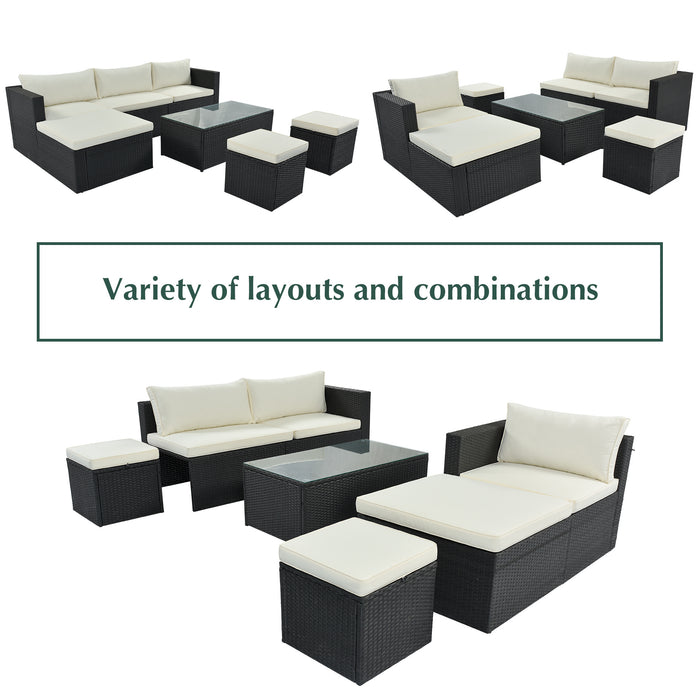 Large Outdoor Wicker Sofa Set, PE Rattan, Movable Cushion, Sectional Lounger Sofa, For Backyard, Porch, Pool, Beige