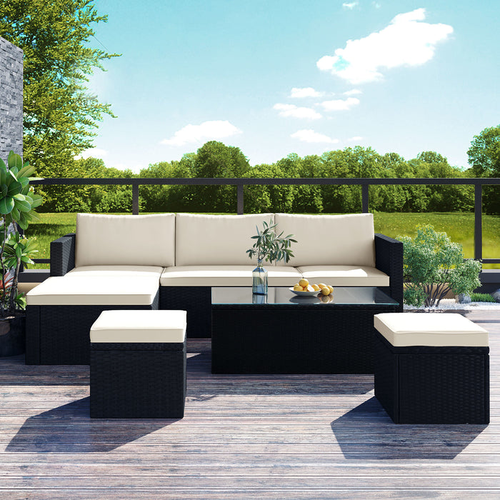 Large Outdoor Wicker Sofa Set, PE Rattan, Movable Cushion, Sectional Lounger Sofa, For Backyard, Porch, Pool, Beige