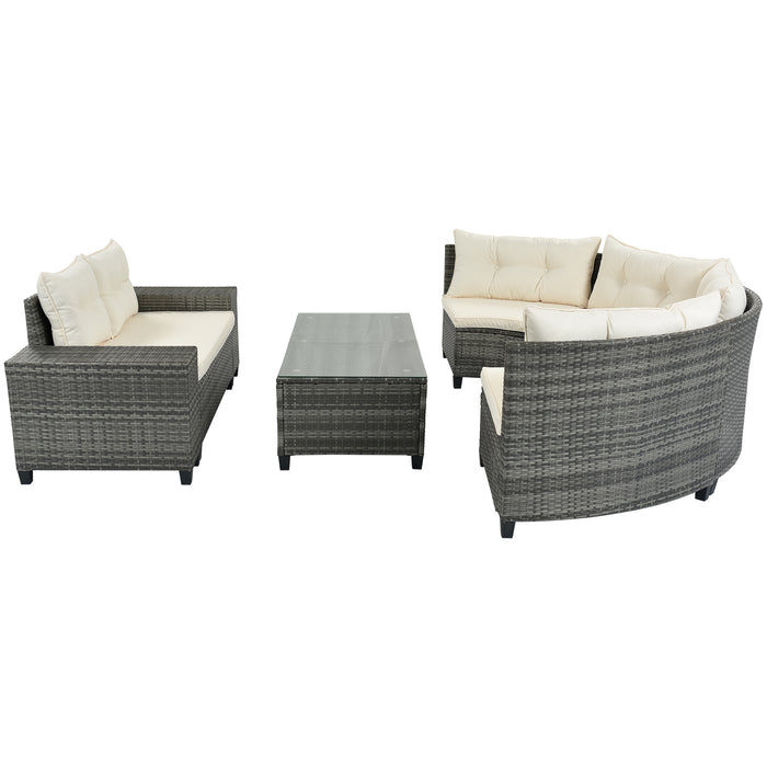 8-pieces Outdoor Wicker Round Sofa Set, Half-Moon Sectional Sets All Weather, Curved Sofa Set With Rectangular Coffee Table, PE Rattan Water-resistant and UV Protected, Movable Cushion, Beige