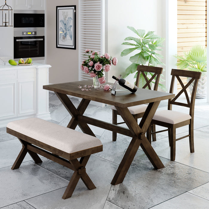 4 Pieces Farmhouse Rustic Wood Kitchen Dining Table Set with Upholstered 2 X-back Chairs and Bench