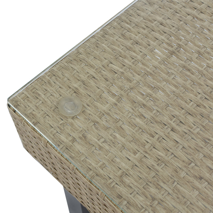 3-piece Outdoor Wicker Sofa Patio Furniture Set, L-shaped Corner Sofa, Water And UV Protected, Two Glass Table, Adjustable Feet And 3.1" Thicker Cushion, Light Gray Cushion and Beige Wicker