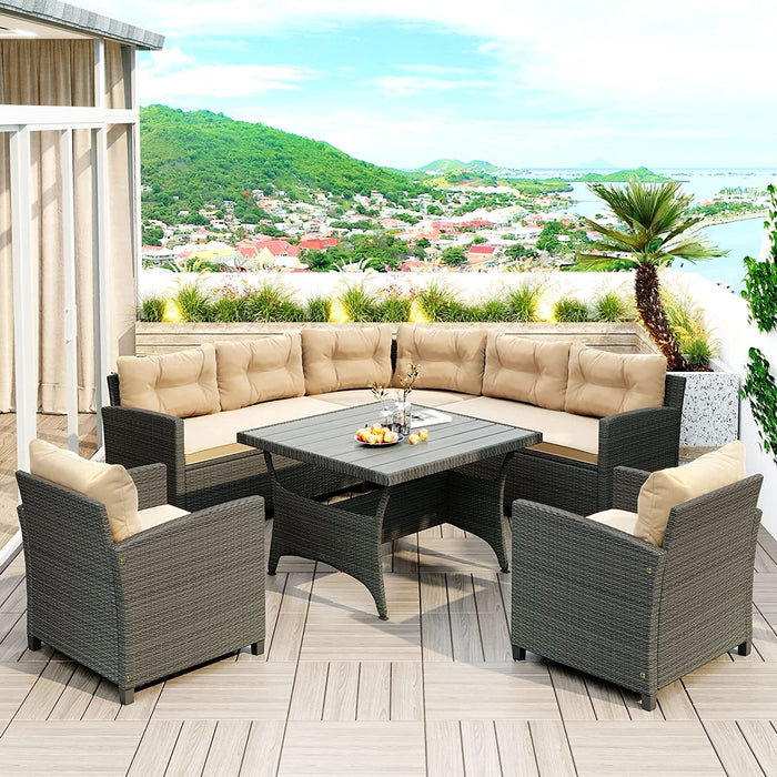 6-Piece Outdoor Wicker Sofa Set, Patio Rattan Dinning Set, Sectional Sofa with Thick Cushions and Pillows, Plywood Table Top, For Garden, Yard, Deck