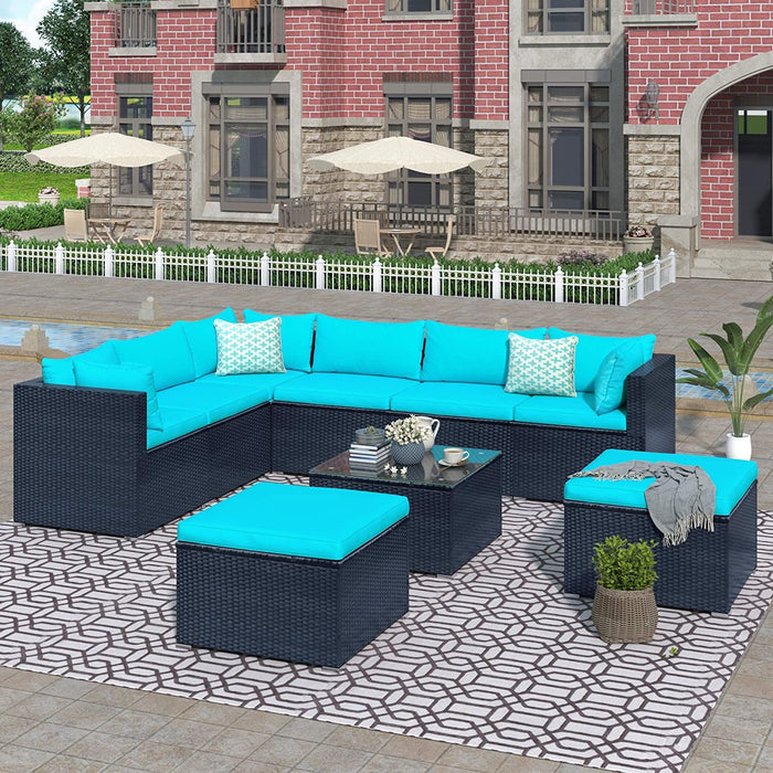 9-piece Outdoor Patio PE Wicker Rattan conversation Sectional Sofa sets with 3 sofa, 3 corner sofa, 2 ottomans, and 1 glass coffee table, removable soft cushions