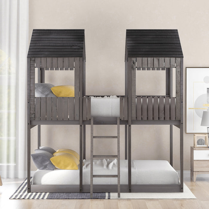 New Space Full Over Full Wood Bunk Bed with Roof Window