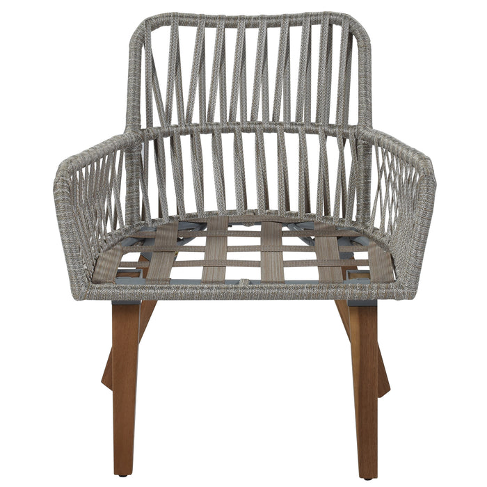 Patio 3-Piece Bistro Set Woven-Rope Conversation Set with Wood Tabletop and Cushions for Balcony, Gray Rope+Beige Fabric
