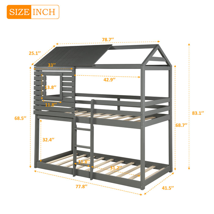 Twin Over Twin Bunk Bed Wood Loft Bed with Roof, Window, Guardrail, Ladder