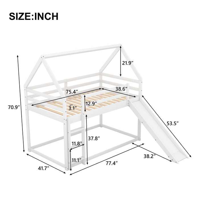 Twin over Twin Low Bunk Bed, House Bed with Ladder , White