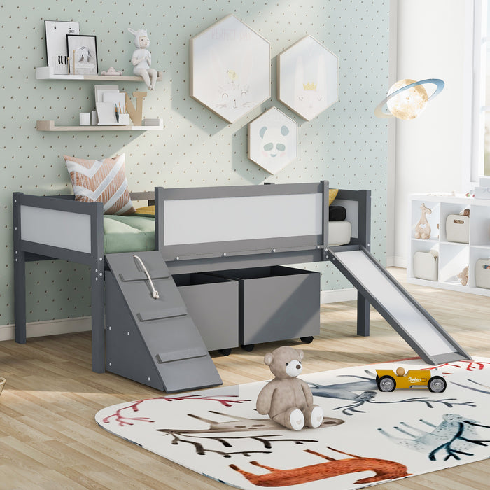 New Space Twin size Low Loft Bed Wooden Bed with Two Storage Boxes