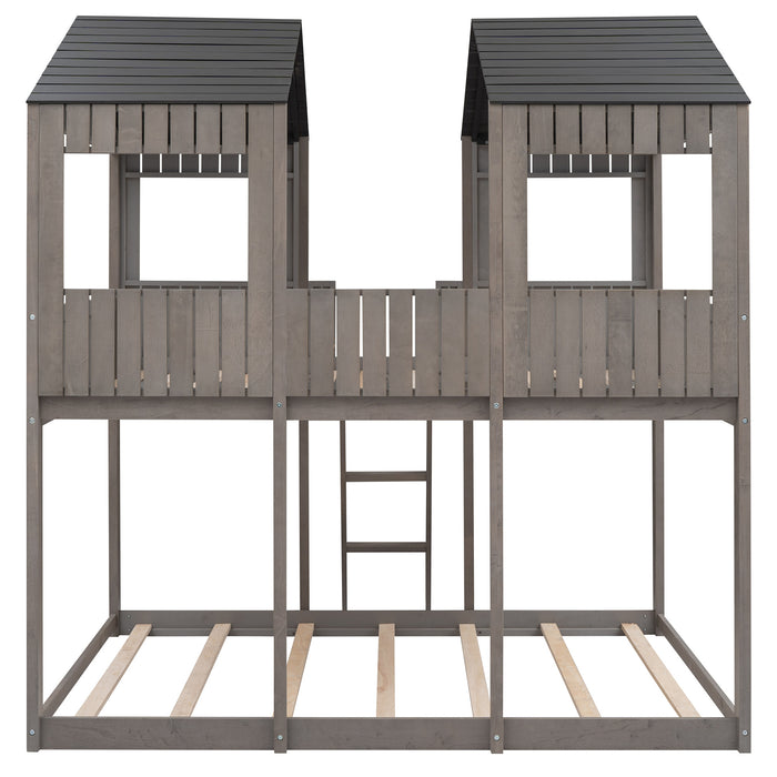 New Space Full Over Full Wood Bunk Bed with Roof Window
