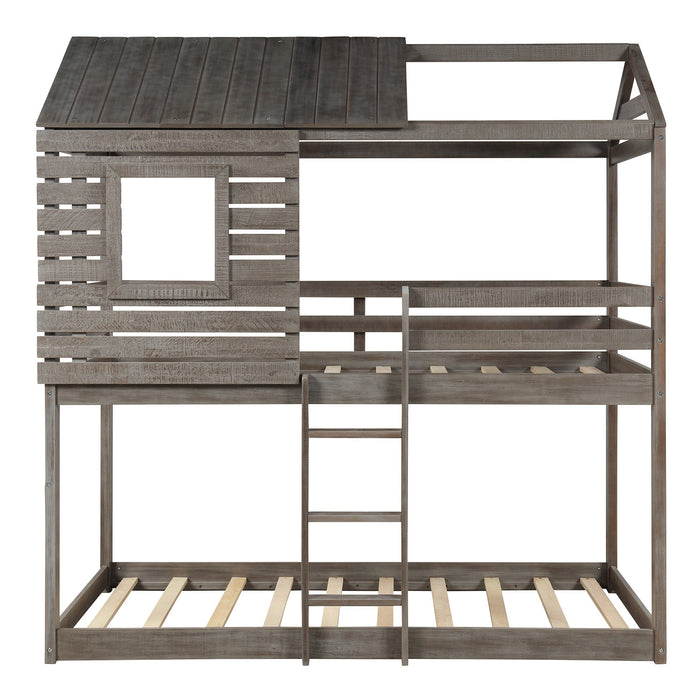 Twin Over Twin Bunk Bed Wood Loft Bed with Roof, Window, Guardrail, Ladder