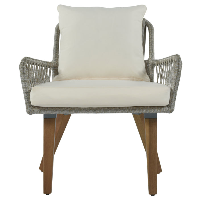 Patio 3-Piece Bistro Set Woven-Rope Conversation Set with Wood Tabletop and Cushions for Balcony, Gray Rope+Beige Fabric
