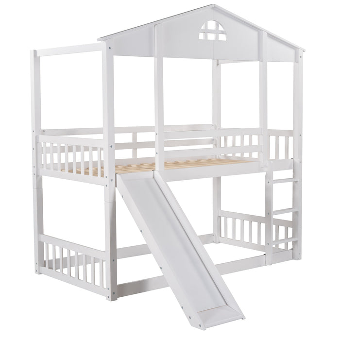 MyRoom Twin Over Twin House Bunk Bed With Convertible Slide And Ladder
