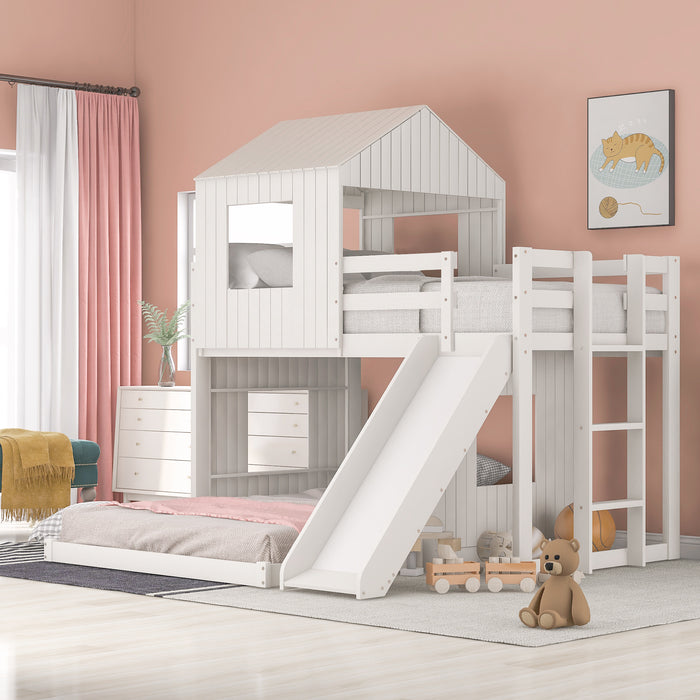 New Space Wooden Twin Over Full Bunk Bed, Loft Bed with Playhouse