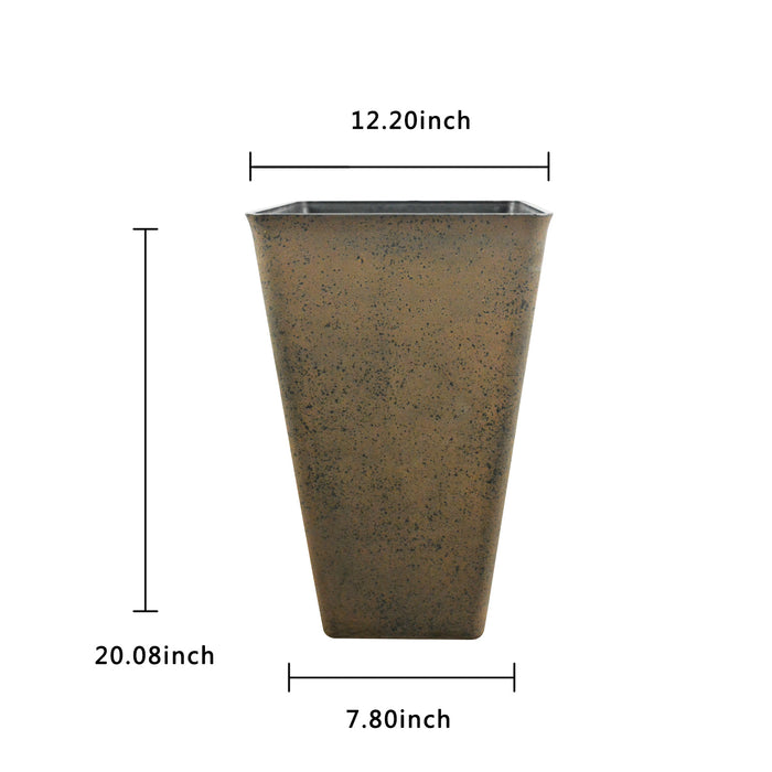 2 Pcs 20"H Tall Planters Plastic Plant Pots with Drainage, 12"W Large Square Tree Pot with Cement Pattern, Rust Brown