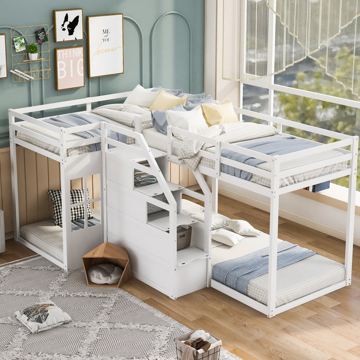 Twin over Twin L-Shaped Bunk Bed with Built-in Middle Staircase