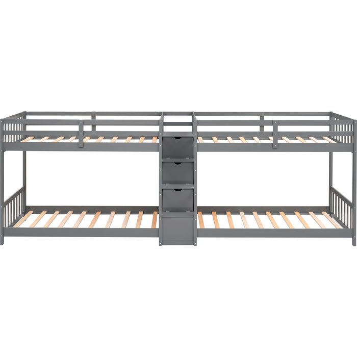 Twin over Twin Double Parallel Bunk Beds with Storage Staircase in the Middle and Full Length Guardrails, Gray