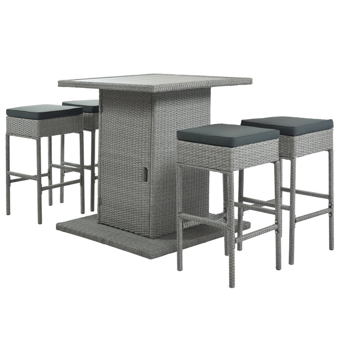 Patio 5-Piece Rattan Dining Table Set, PE Wicker Square Kitchen Table Set with Storage Shelf and 4 Padded Stools for Poolside, Garden, Gray Wicker+Dark Gray Cushion