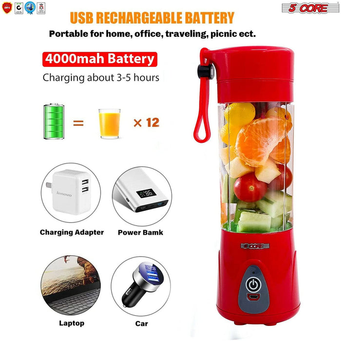 Portable Blender Personal Size Blender USB 4000 mAh Rechargeable with 6 Blades Smoothies,380ML Juicer Cup 5 Core PB 01