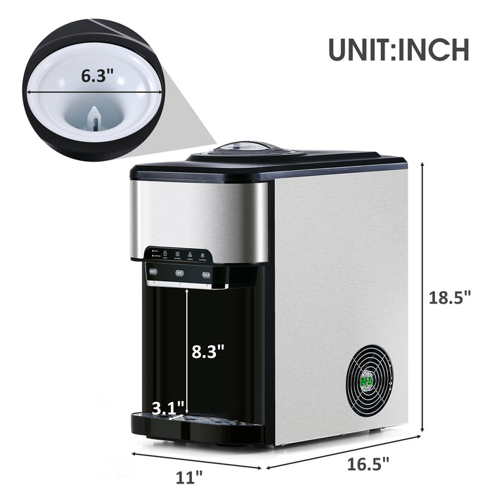 3 in 1 Water Dispenser with Ice Maker Countertop, Portable Water Cooler, Quick 6 Mins Ice-making, Hot & Cold Water and Ice, Top Loading or Bottleless, Stainless Steel