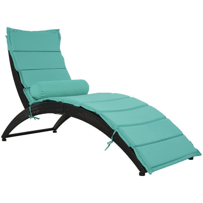 Patio Wicker Sun Lounger, PE Rattan Foldable Chaise Lounger with Removable Cushion and Bolster Pillow, Black Wicker and Beige Cushion