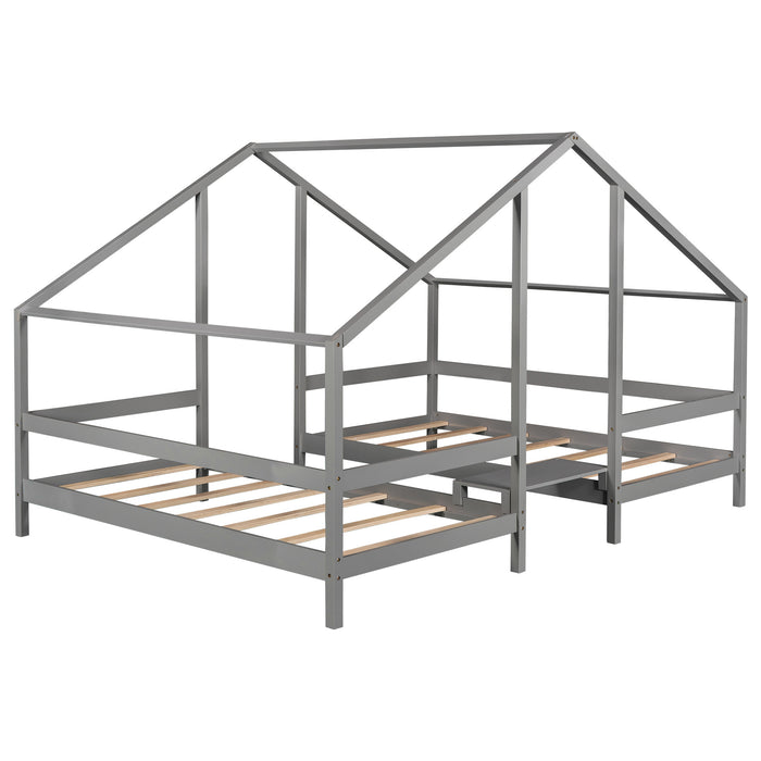Double Twin Size Triangular House Beds with Built-in Table