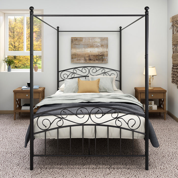 Metal Canopy Bed Frame with Ornate European Style Headboard &amp; Footboard Sturdy Steel Holds 600lbs Perfectly Fits Your Mattress Easy DIY Assembly All Parts Included, Full Black