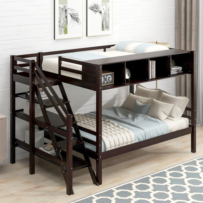 New Space Twin over Full Bunk Bed with Staircase and Built-in Storage Cabinets
