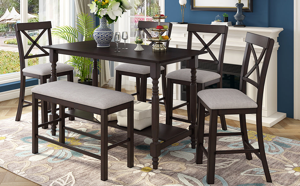 6-Pieces Counter Height Dining Table Set Table with Shelf 4 Chairs and Bench for Dining Room