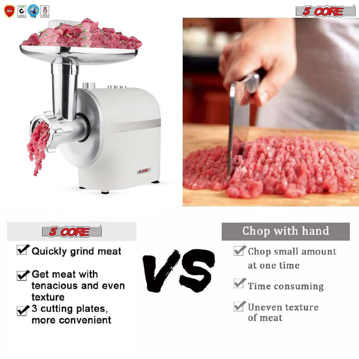 Electric Meat Grinder Heavy Duty, 3-IN-1 Multi-Use Meat Miner & Sausage Stuffer, Food Grinder with Sausage Tube & Kubbe Kits, 3 Sizes Plates, 2 S/S Blades, Concealed Storage Box 5 Core MG-03-WH