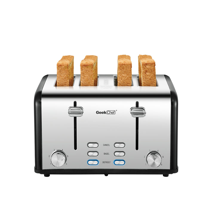 Toaster 4 Slice, Geek Chef Stainless Steel Extra-Wide Slot Toaster with Dual Control Panels of Bagel/Defrost/Cancel Function, 6 Toasting Bread Shade Settings.  YJ