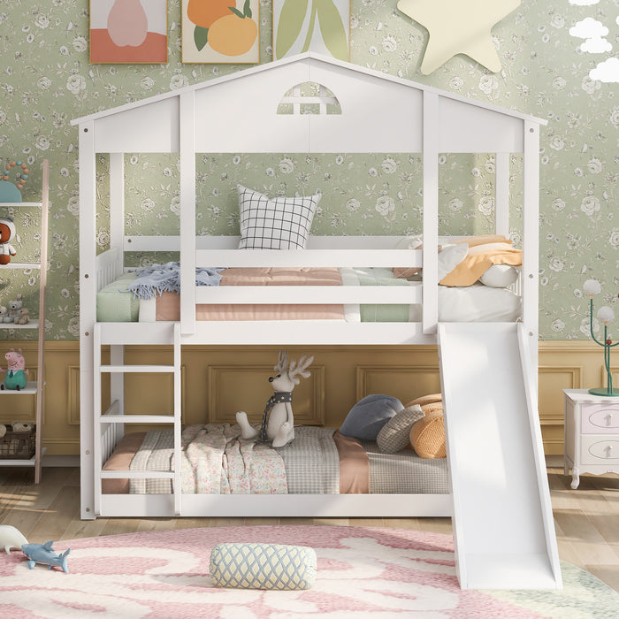 MyRoom Twin Over Twin House Bunk Bed With Convertible Slide And Ladder