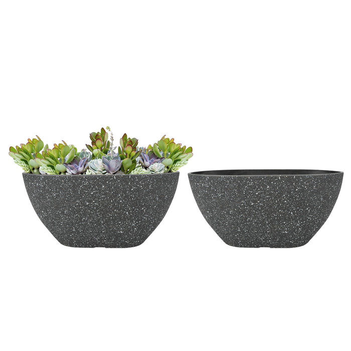 2 Pcs 14" Oval Plant Pots, Flower Pots with Drainage Holes, Plastic Planter with Marble Pattern for Home Garden, Black