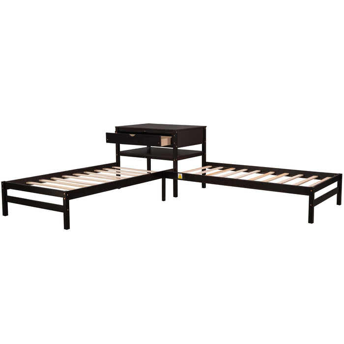 Grenco Twin Size L-Shaped Platform Beds with Drawers