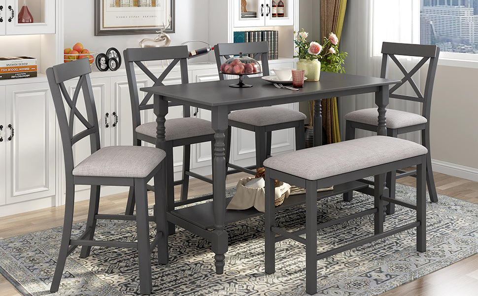 6-Pieces Counter Height Dining Table Set Table with Shelf 4 Chairs and Bench for Dining Room