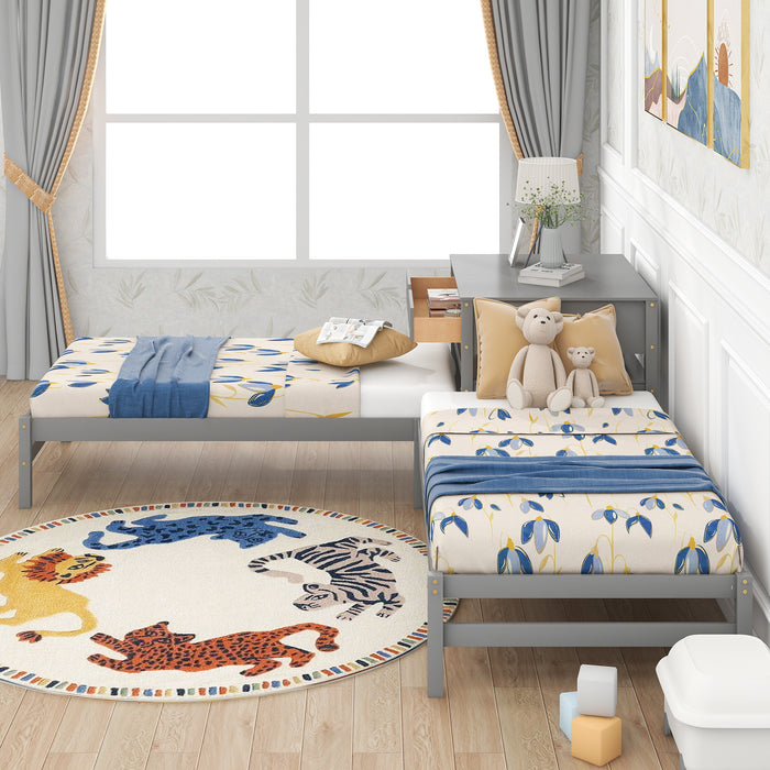 Grenco Twin Size L-Shaped Platform Beds with Drawers