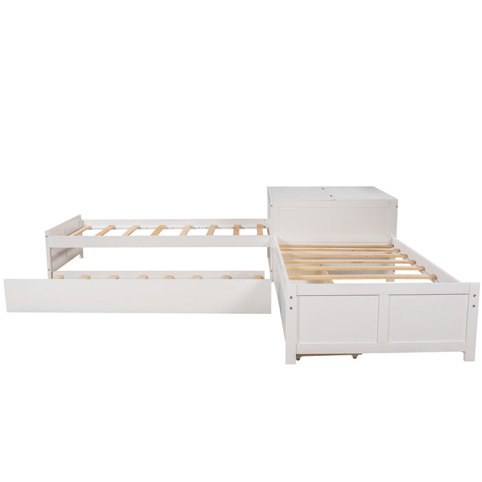 L-shaped Platform Bed with Trundle and Drawers Linked with built-in Flip Square Table,Twin